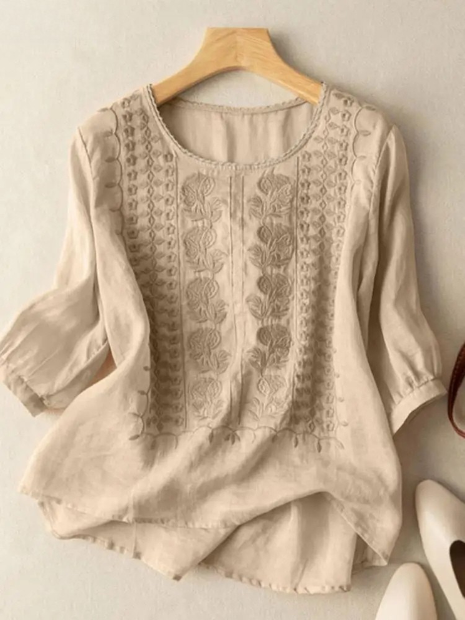 Floor | Broderet Bomulds Boho Bluse (Lille Pasform)