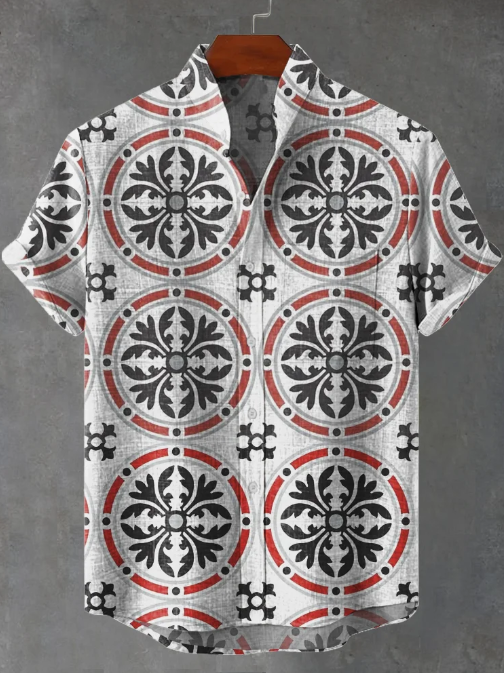 Felix Sort Rød på Hvid Dekorativ Ornate Cirkelmønster Gulvfliser Print Casual Skjorte
