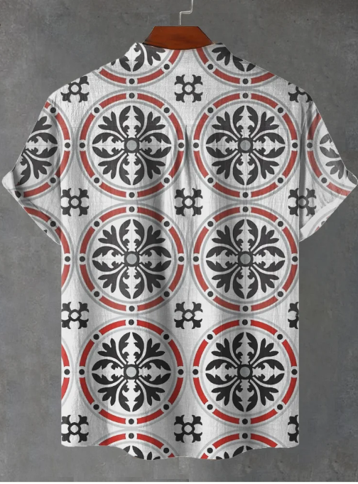 Felix Sort Rød på Hvid Dekorativ Ornate Cirkelmønster Gulvfliser Print Casual Skjorte