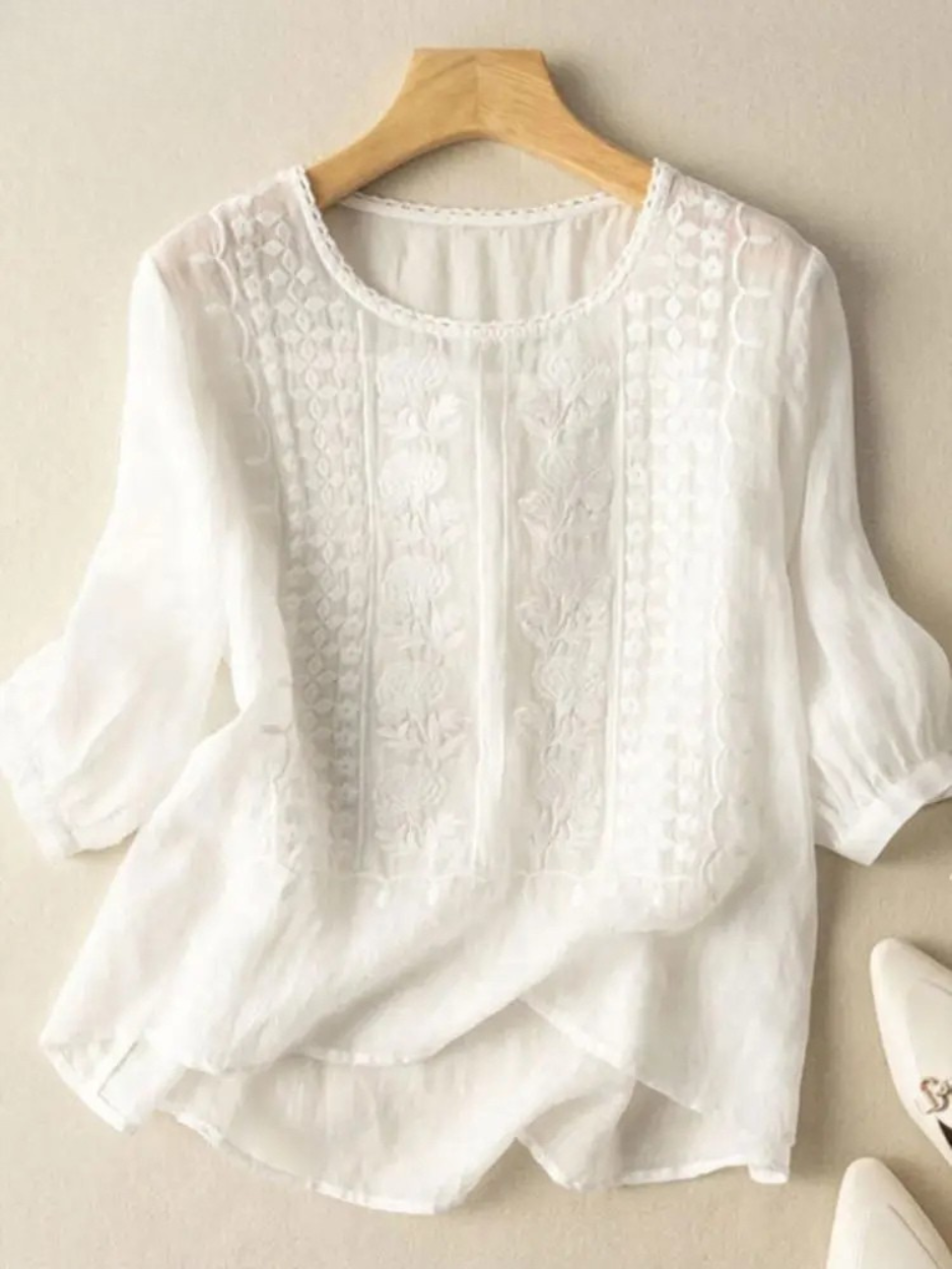 Floor | Broderet Bomulds Boho Bluse (Lille Pasform)