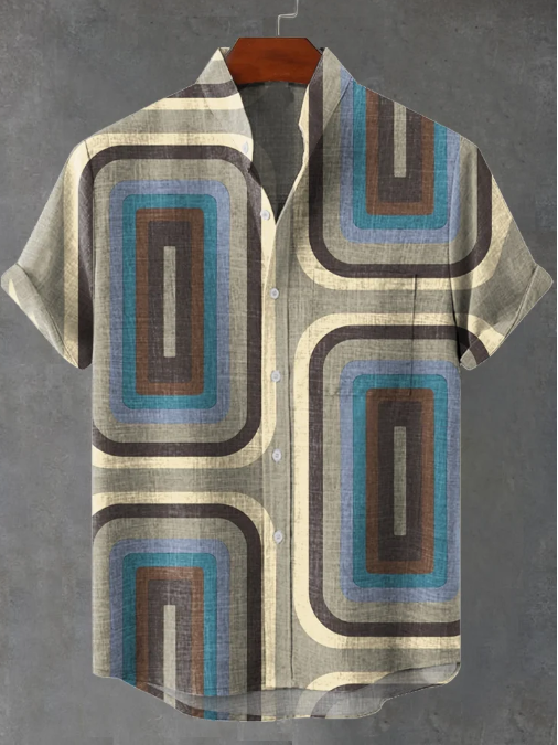 Jasper Retro Rektangulært Tapet Grå Blå Kunsttryk Casual Skjorte