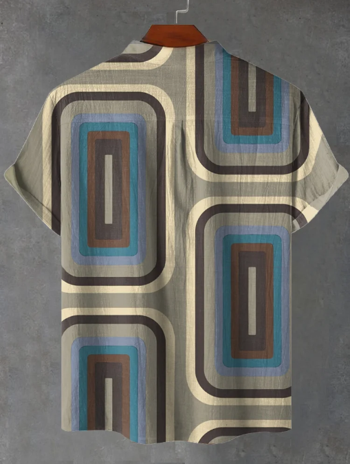 Jasper Retro Rektangulært Tapet Grå Blå Kunsttryk Casual Skjorte