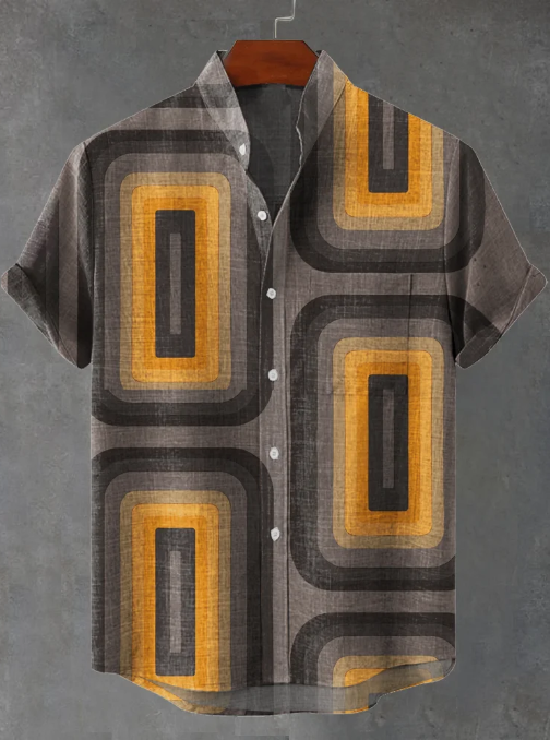 Silas Retro Oblong Tapet Grå Sennep Kunsttryk Casual Skjorte