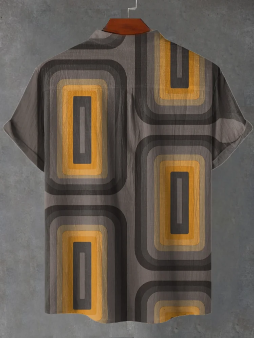 Silas Retro Oblong Tapet Grå Sennep Kunsttryk Casual Skjorte
