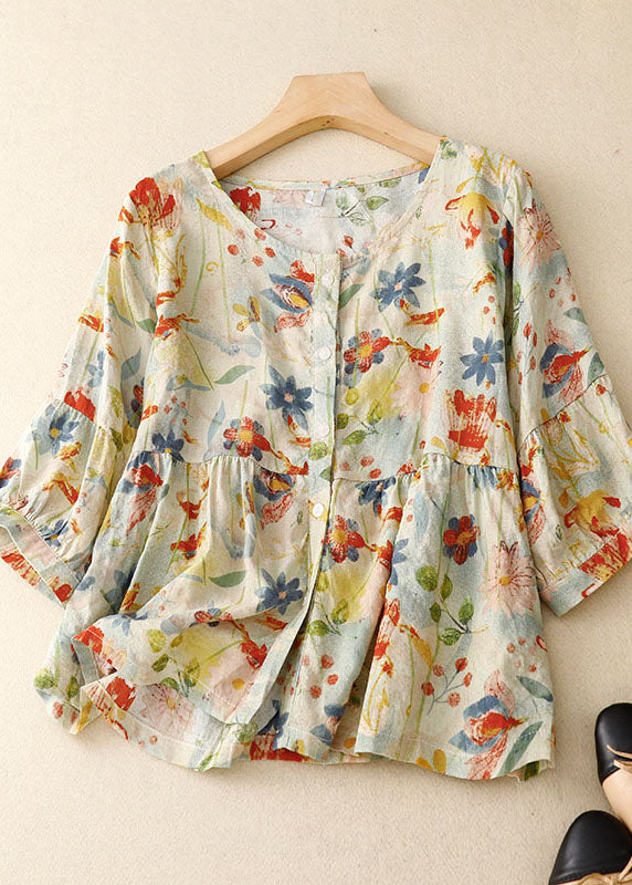 Runi  | Blomstret bluse i bomuld-hør