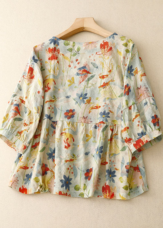 Runi  | Blomstret bluse i bomuld-hør