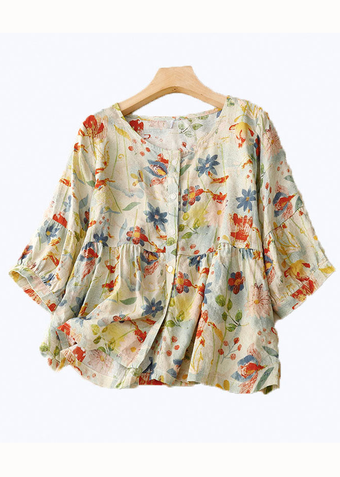 Runi  | Blomstret bluse i bomuld-hør