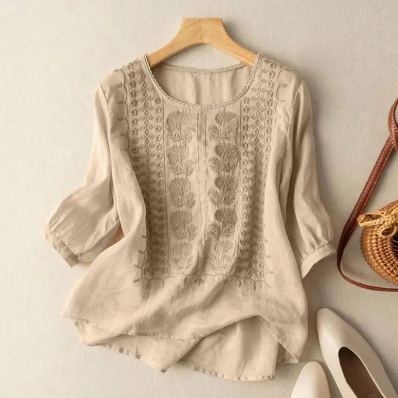 Floor | Broderet Bomulds Boho Bluse (Lille Pasform)