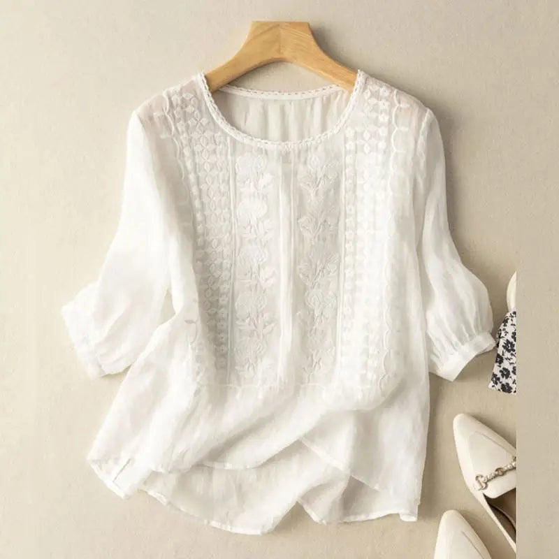 Floor | Broderet Bomulds Boho Bluse (Lille Pasform)