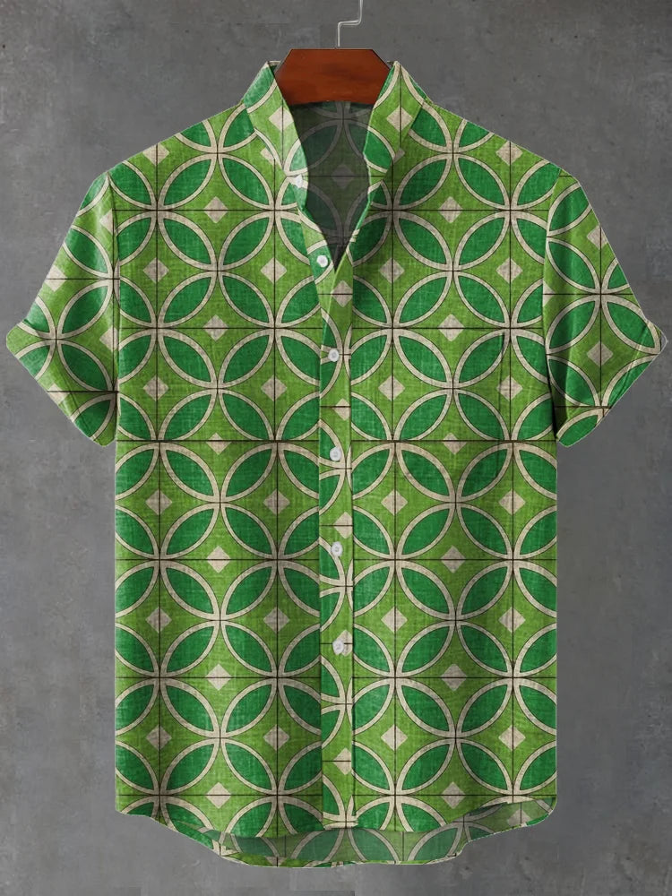 Julian Vintage Lysegrønne Tones Grå Geometrisk Mønster Gulvfliser Print Casual Skjorte